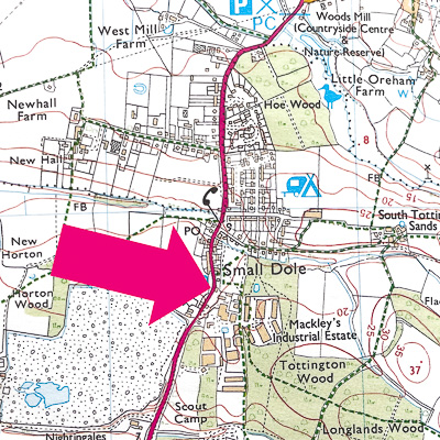 Arrowed map showing location of Small Dole Village Hall
